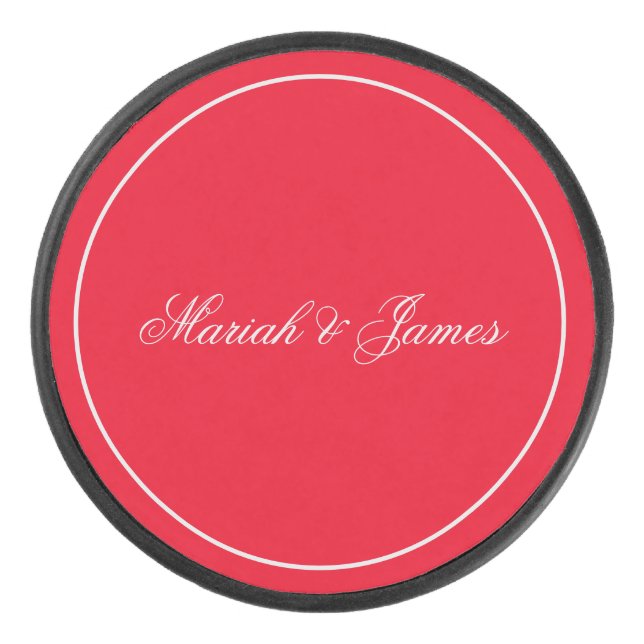 Red Plain Elegant Minimalist Names Calligraphy Hockey Puck (Front)