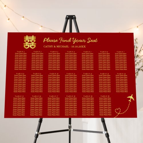 Red plane love route chinese wedding seating chart foam board