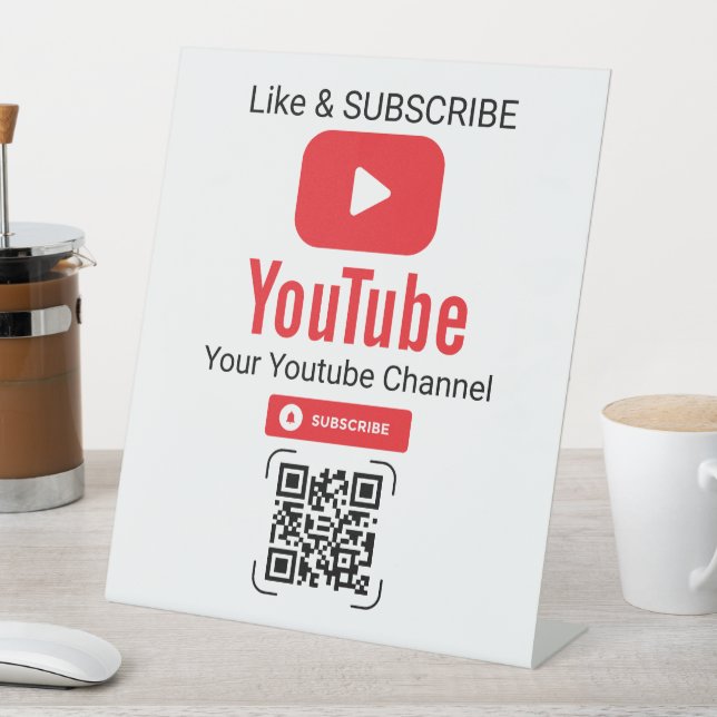 Red Play Button YouTube Subscribe QR Code White Pedestal Sign (In SItu)