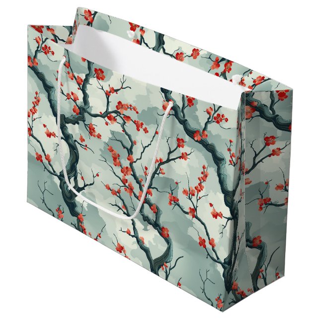 Red Plum Blossom Sage Green Ink Wash Pattern Large Gift Bag (Front Angled)