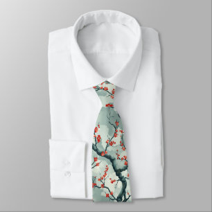 Red Plum Blossom Sage Green Ink Wash Pattern Neck Tie