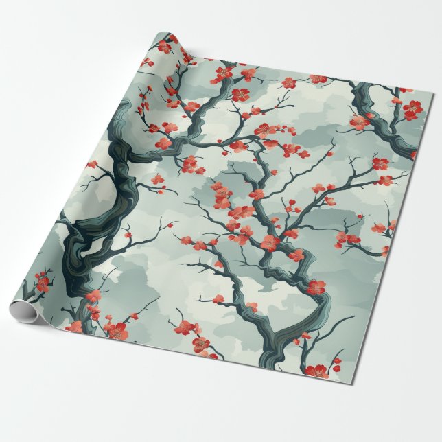 Red Plum Blossom Sage Green Ink Wash Pattern Wrapping Paper (Unrolled)