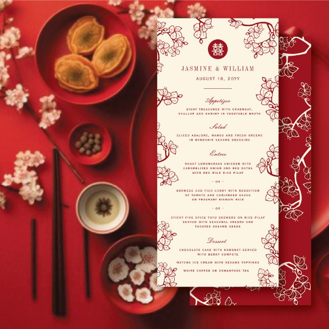 Red Plum Blossoms Double Happiness Chinese Wedding Menu (Red Plum/Peach Blossoms & Double Happiness Floral Chinese Wedding Menu Card @ fatfatin_red_knot)