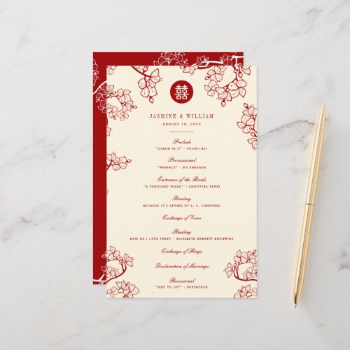 Red Plum Blossoms Double Happiness Wedding Program