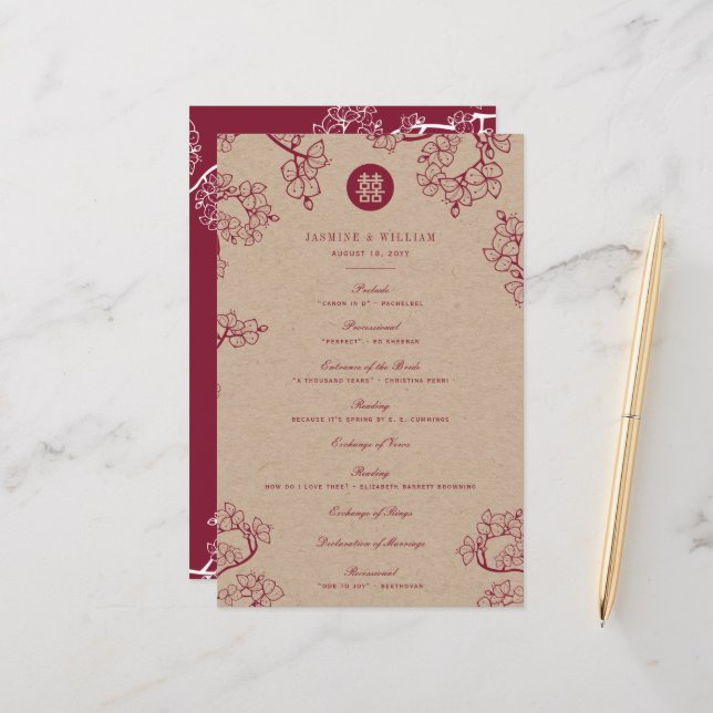 Red Plum Blossoms Double Happiness Wedding Program (Front/Back In Situ)