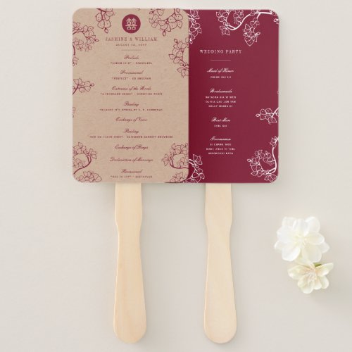 Red Plum Blossoms Double Happiness Wedding Program Hand Fan
