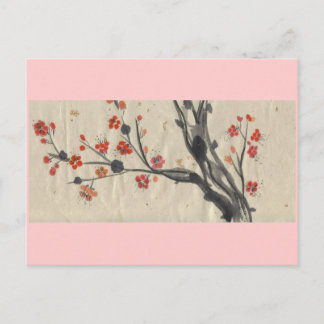 Red Plum Blossoms Pink Border Postcard