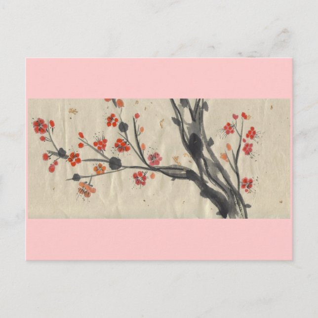Red Plum Blossoms Pink Border Postcard (Front)