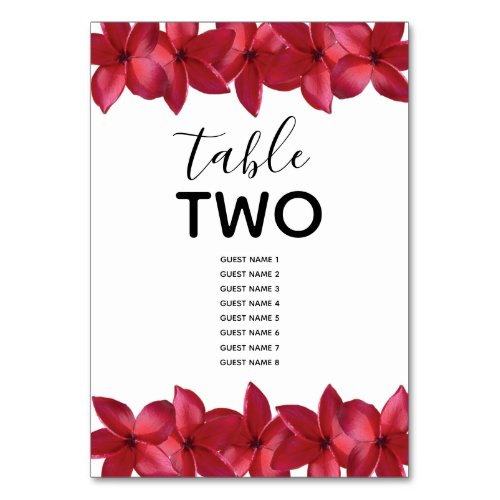 Red Plumeria Frangipani Wedding Guest Names Table Number