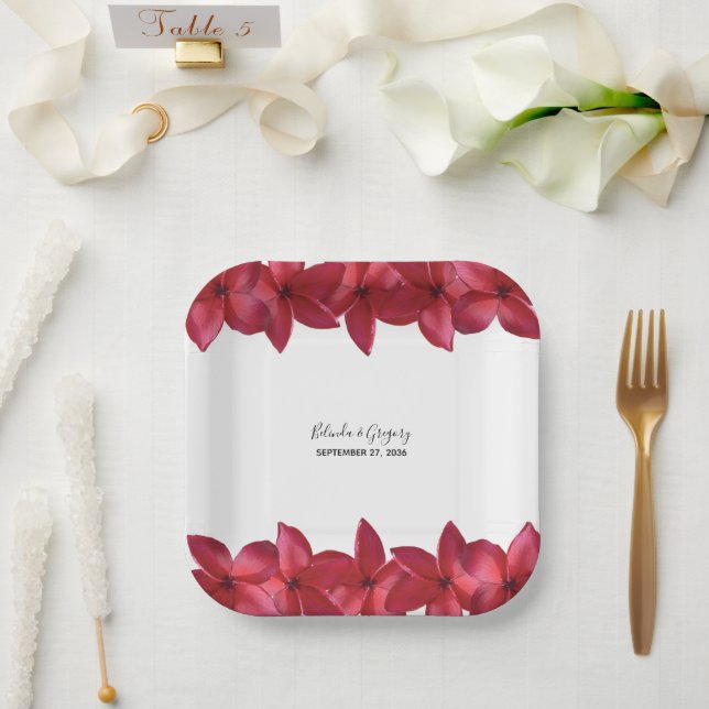 Red Plumeria Frangipani Wedding Paper Plates (Wedding)