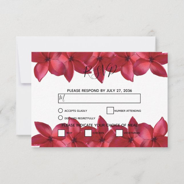 Red Plumeria Frangipani Wedding RSVP Cards (Front)