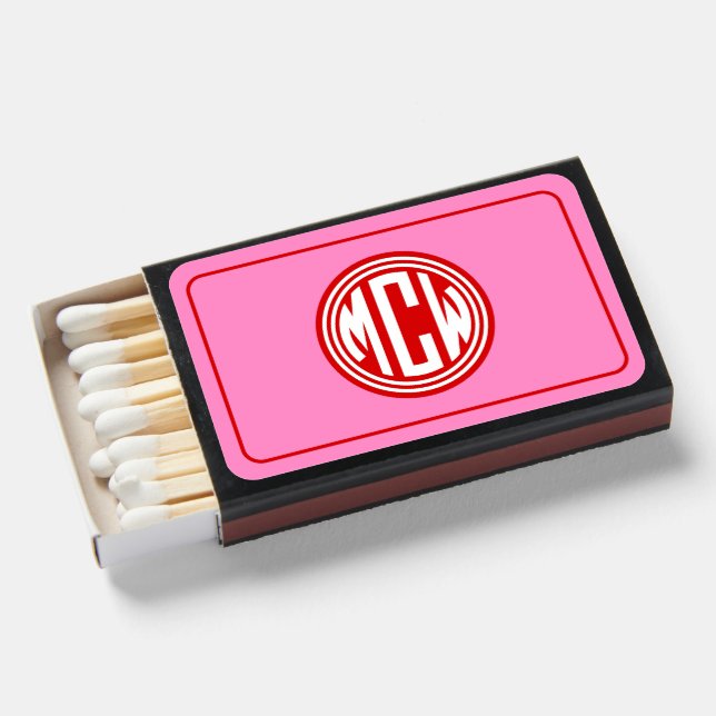 Red Pnk Buffalo Check Circle Monogram Font DIY BG  Matchboxes (Front Open)