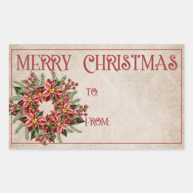 Red Poinsetta Flower Wreath | Merry Christmas Rectangular Sticker (Front)