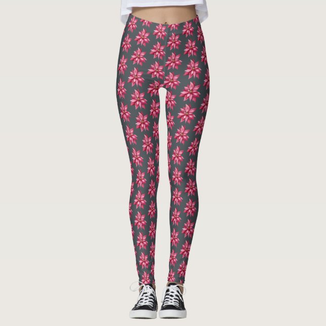 Red Poinsetta Pattern Floral Christmas Black Leggings (Front)