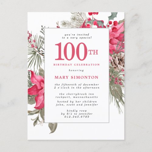 Red Poinsettia 100th Birthday Invitation Postcard