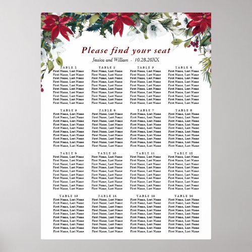 Red Poinsettia 16 Tables Wedding SEATING CHART