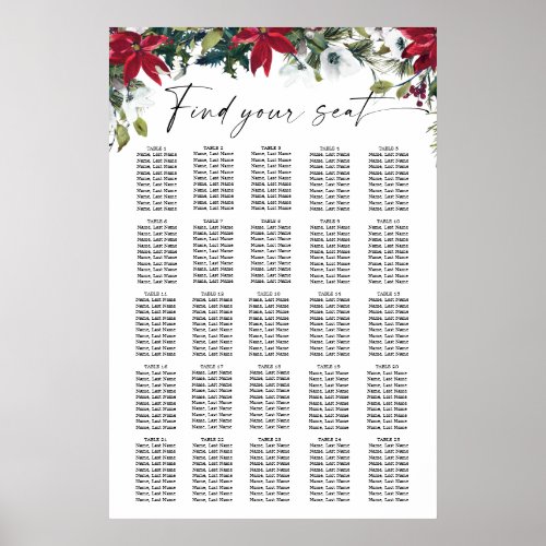 Red Poinsettia 25 Tables Christmas SEATING CHART