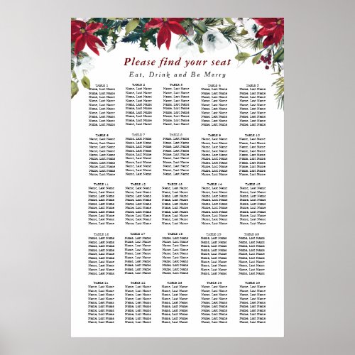 Red Poinsettia 25 Tables Christmas SEATING CHART