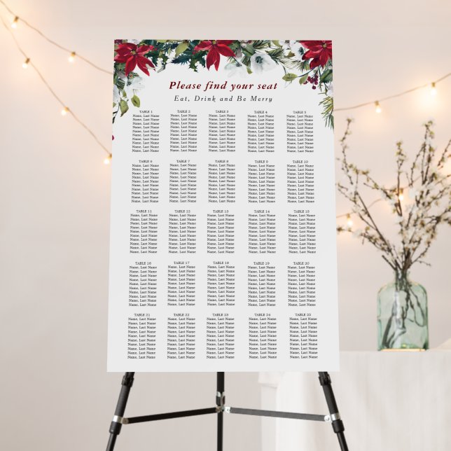 Red Poinsettia 25 Tables Christmas SEATING CHART Foam Board (In Situ (Stand))