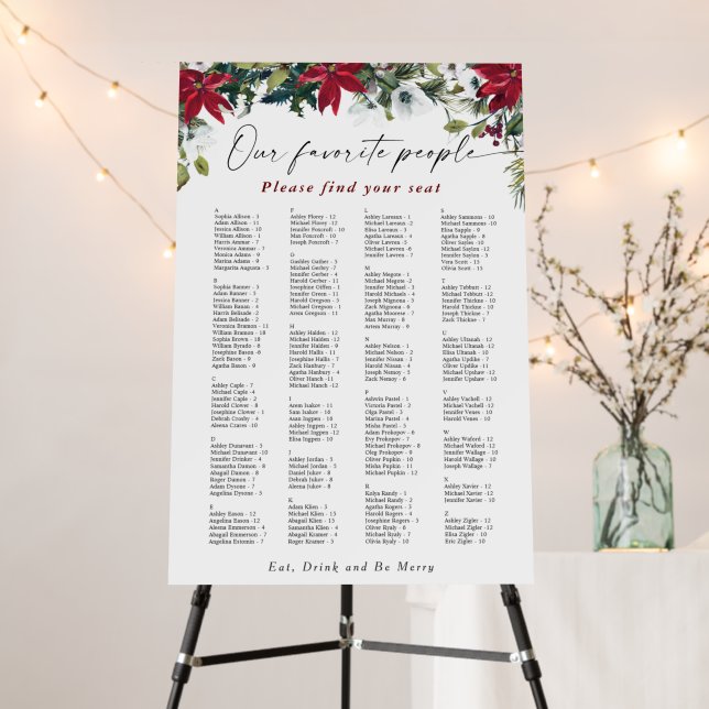 Red Poinsettia Alphabet Christmas SEATING CHART Foam Board (In Situ (Stand))