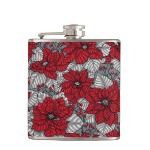 Red poinsettia and berries, Christmas design Flask