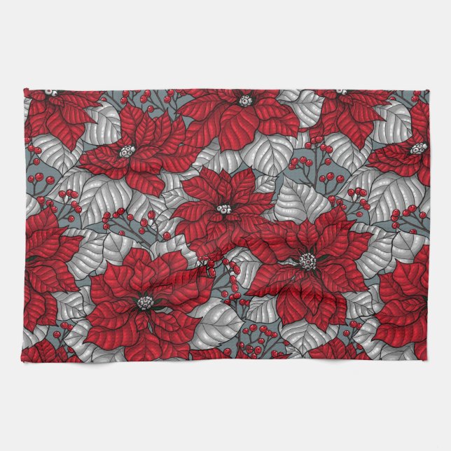 Red poinsettia and berries, Christmas design Kitchen Towel (Horizontal)