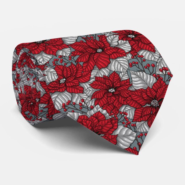 Red poinsettia and berries, Christmas design Neck Tie (Rolled)