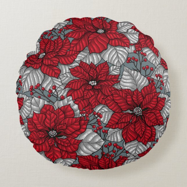 Red poinsettia and berries, Christmas design Round Pillow (Front)