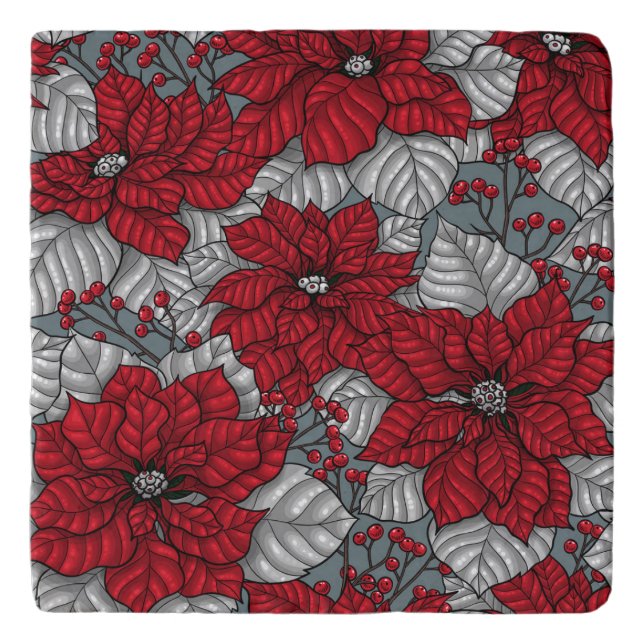 Red poinsettia and berries, Christmas design Trivet (Front)