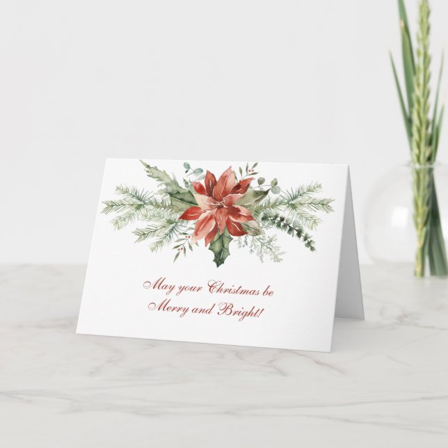 Red Poinsettia and Evergreen Garland Christmas Holiday Card (Front)