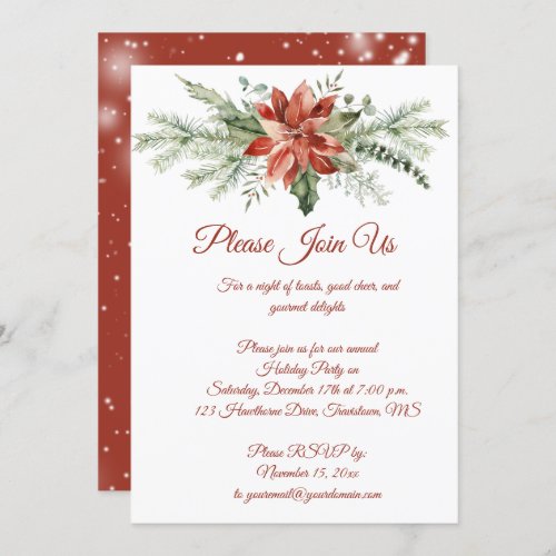 Red Poinsettia and Evergreens Christmas Party Invitation