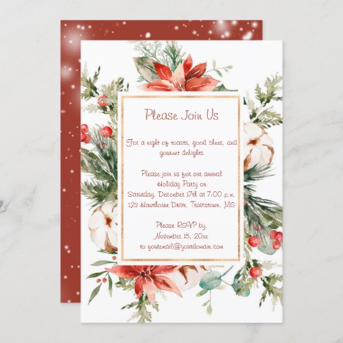 Red Poinsettia and Evergreens Christmas Party Invitation