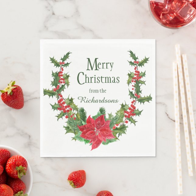 Red Poinsettia and Holly Berry Christmas Wreath Napkins (Insitu)