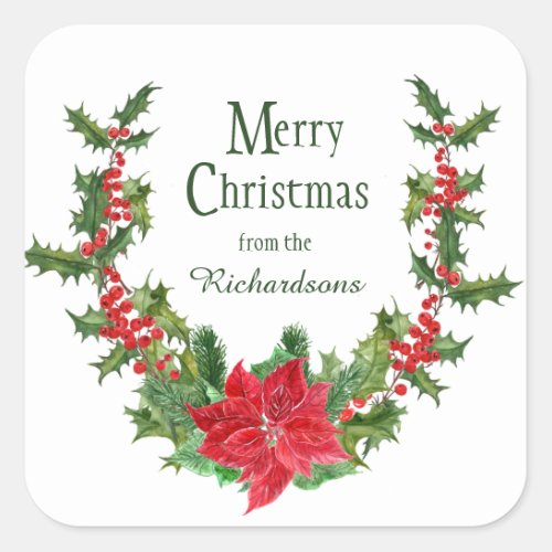 Red Poinsettia and Holly Berry Christmas Wreath Square Sticker