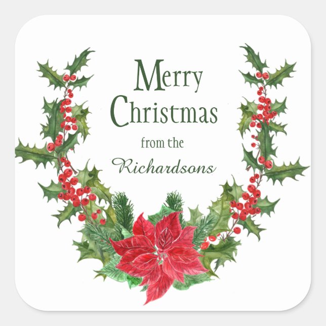 Red Poinsettia and Holly Berry Christmas Wreath Square Sticker (Front)