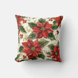 Red Poinsettia And Holly Christmas Holiday Winter Throw Pillow