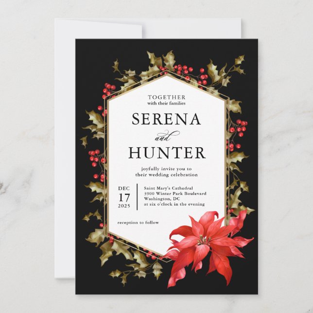 Red Poinsettia and Holly Winter Wedding Invitation (Front)