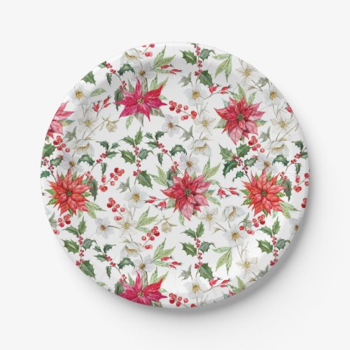 Red Poinsettia and Paperwhite Christmas Pattern Paper Plates