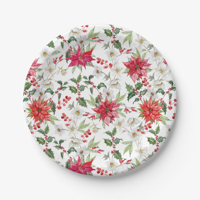 Red Poinsettia and Paperwhite Christmas Pattern Paper Plates (Front)