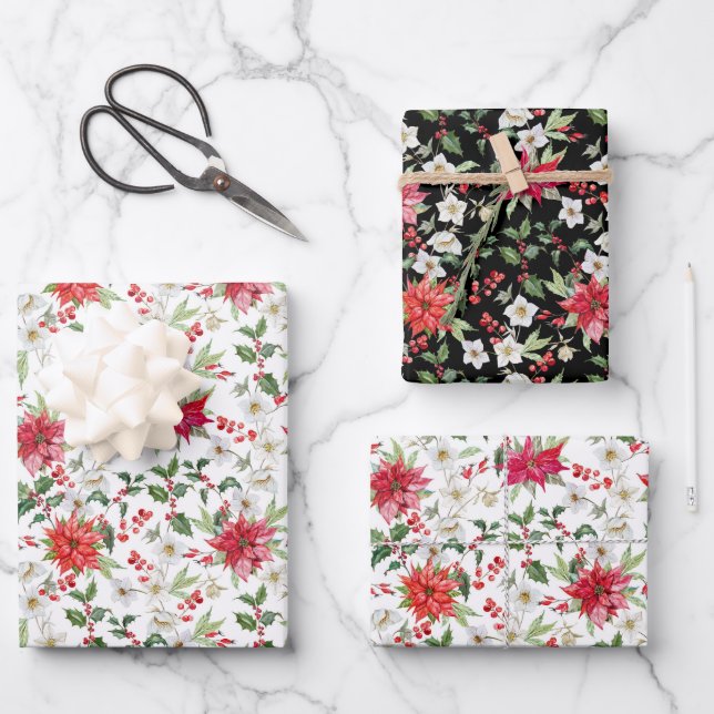 Red Poinsettia and Paperwhite Christmas Pattern Wrapping Paper Sheets (Front)