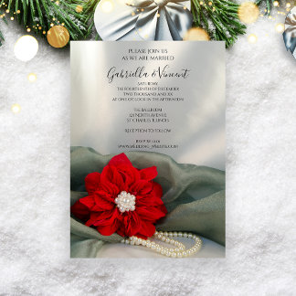 Red Poinsettia and Pearls on Green Winter Wedding Invitation