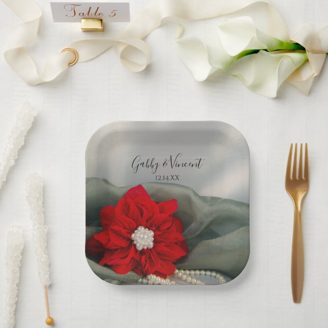 Red Poinsettia and Pearls on Green Winter Wedding Paper Plates (Wedding)