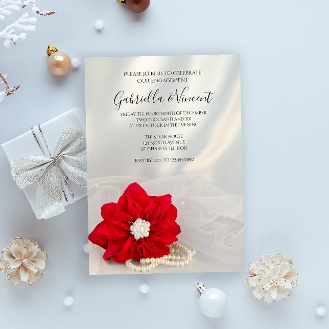 Red Poinsettia and Pearls Winter Engagement Party Invitation (Celebrate your December winter engagement with the Red Poinsettia and Pearls Invitation.)