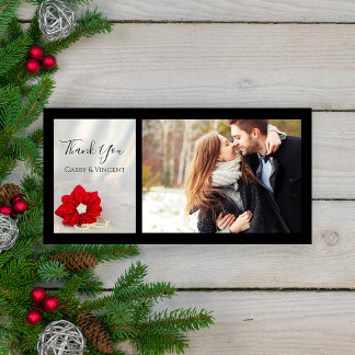Red Poinsettia and Pearls Winter Wedding Thank You Card