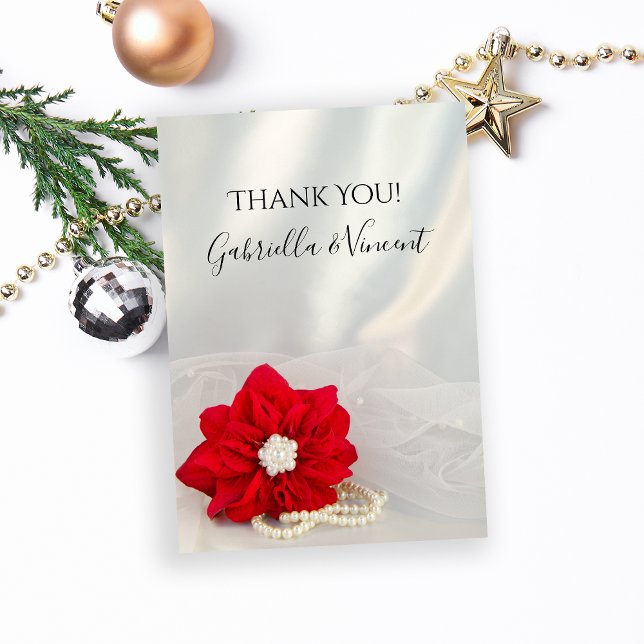 Red Poinsettia and Pearls Winter Wedding Thank You Card (Show your appreciation after your December wedding with the Red Poinsettia and Pearls Thank You Note)