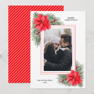 Red Poinsettia and Pines Christmas Photo Holiday Card