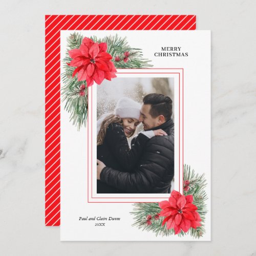 Red Poinsettia and Pines Christmas Photo Holiday Card