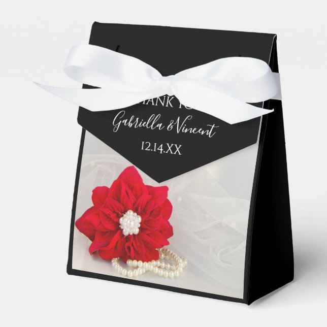 Red Poinsettia and White Pearls Winter Wedding Favor Boxes (Front Side)