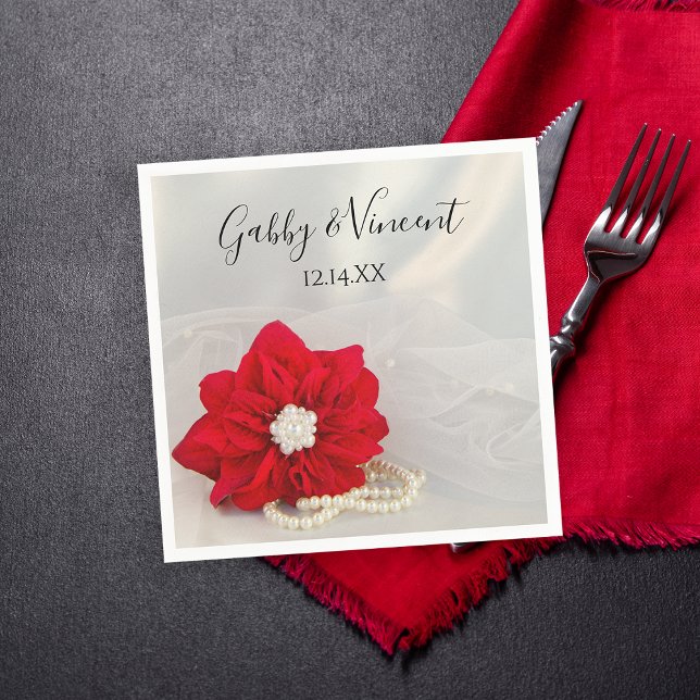 Red Poinsettia and White Pearls Winter Wedding Napkins (Set a festive table with the Red Poinsettia and Pearls Winter Wedding Paper Napkins.)