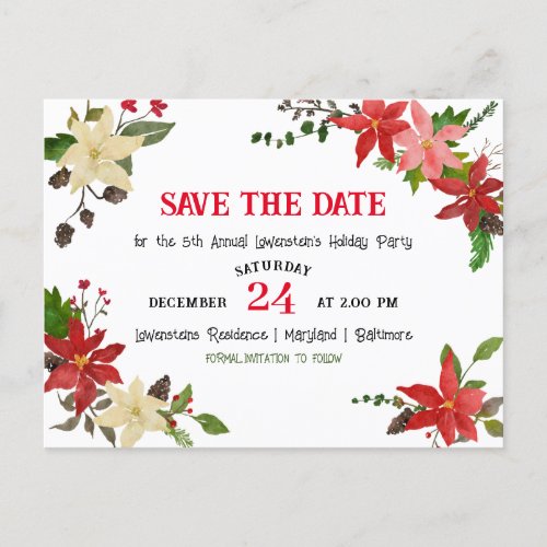 Red Poinsettia Annual Holiday Party Save The Date  Announcement Postcard